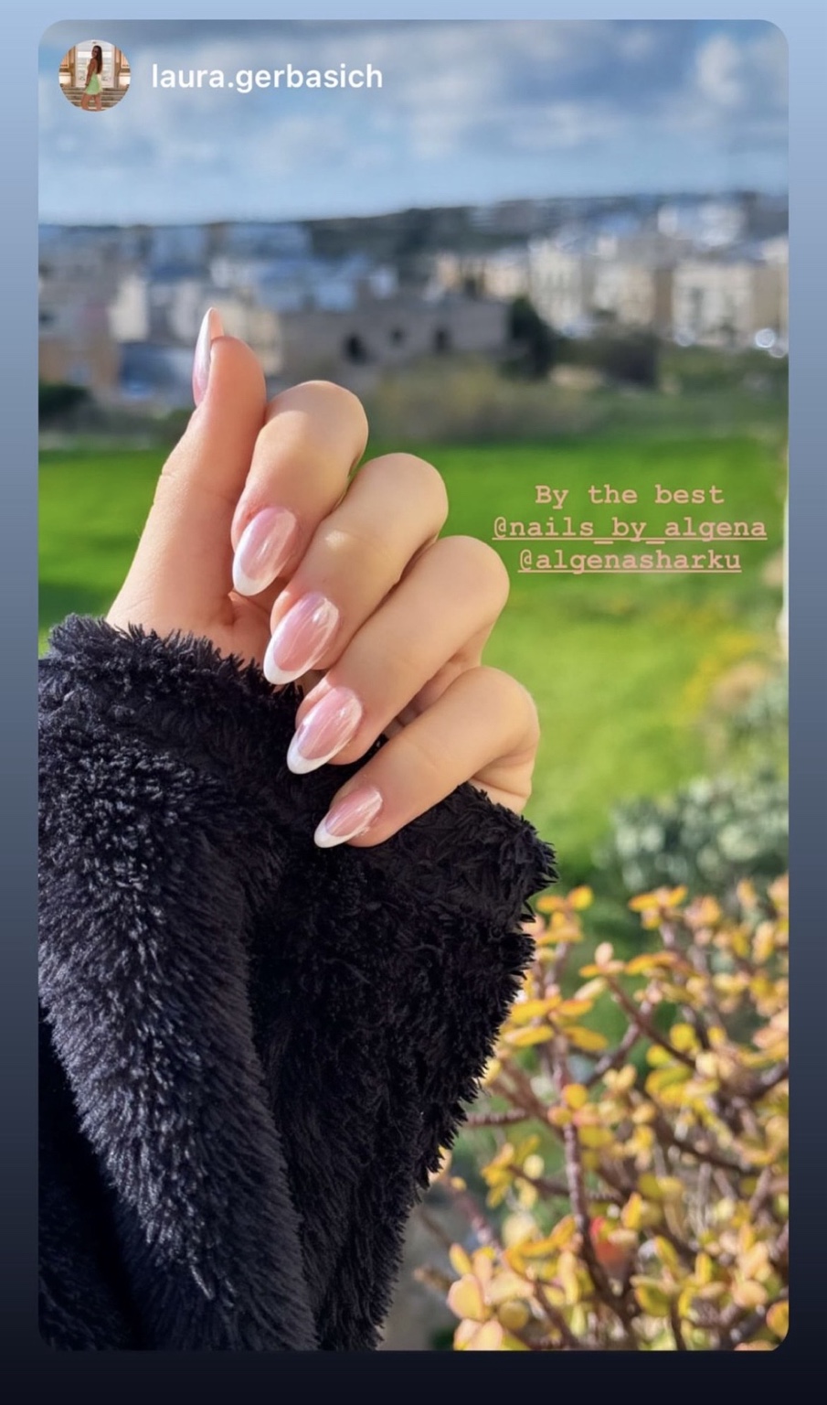 Instagram story showing a pearl French manicure by Nails by Algena